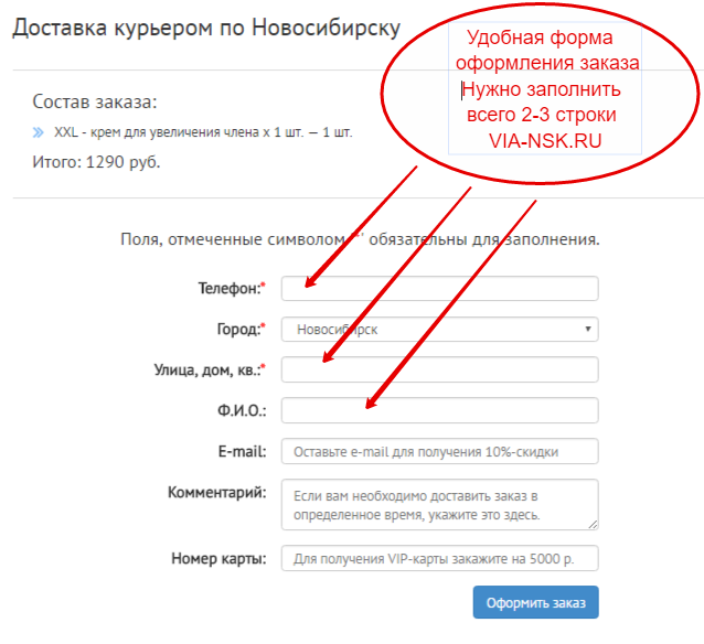 форма заказа на сайте via-nsk.ru