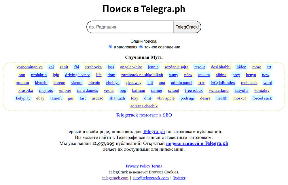 Стартовая страница telegcrack.com — поисковика по публикациям в Telegra.ph